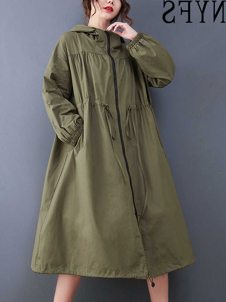 2026 New Autumn Office NYFS Lady Loose Plus Size Woman Wind coat Hooded Long Sleeve Long Trench D260909