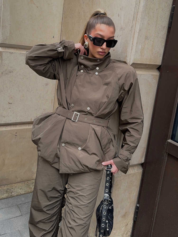 Windbreaker Brown Button High Neck Vintage Belted Adjustable Ruched Coat Women's Casual Daily Commute Outerwear 2026 New D260909