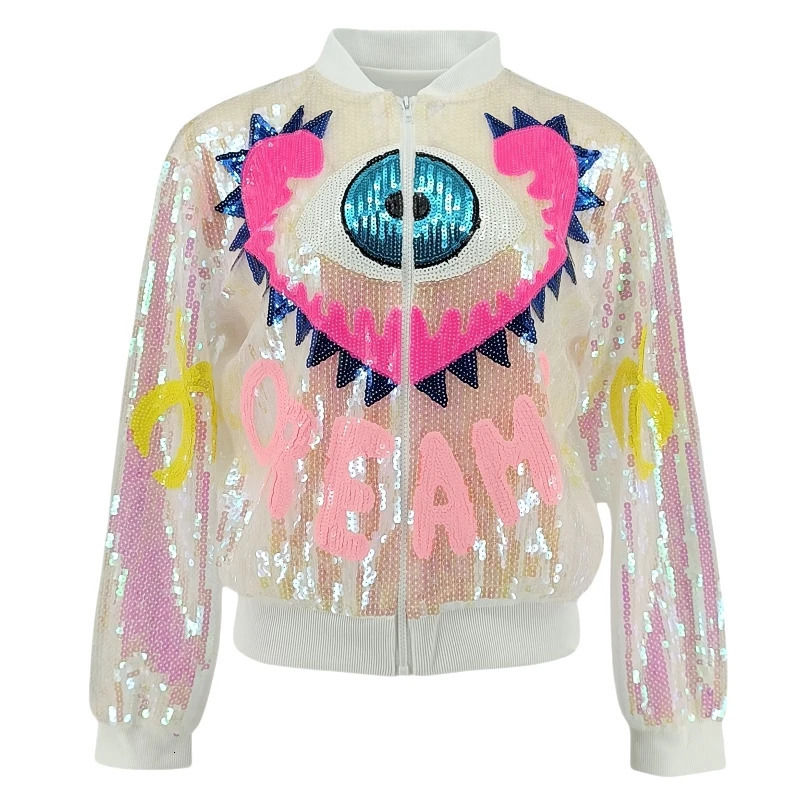 Bling Eye Letter Sequin Women Jacket Hip Hop Juniors Colorful Baseball Bomber Jacket Cartoon Outwear Y2K Streetwear 260909