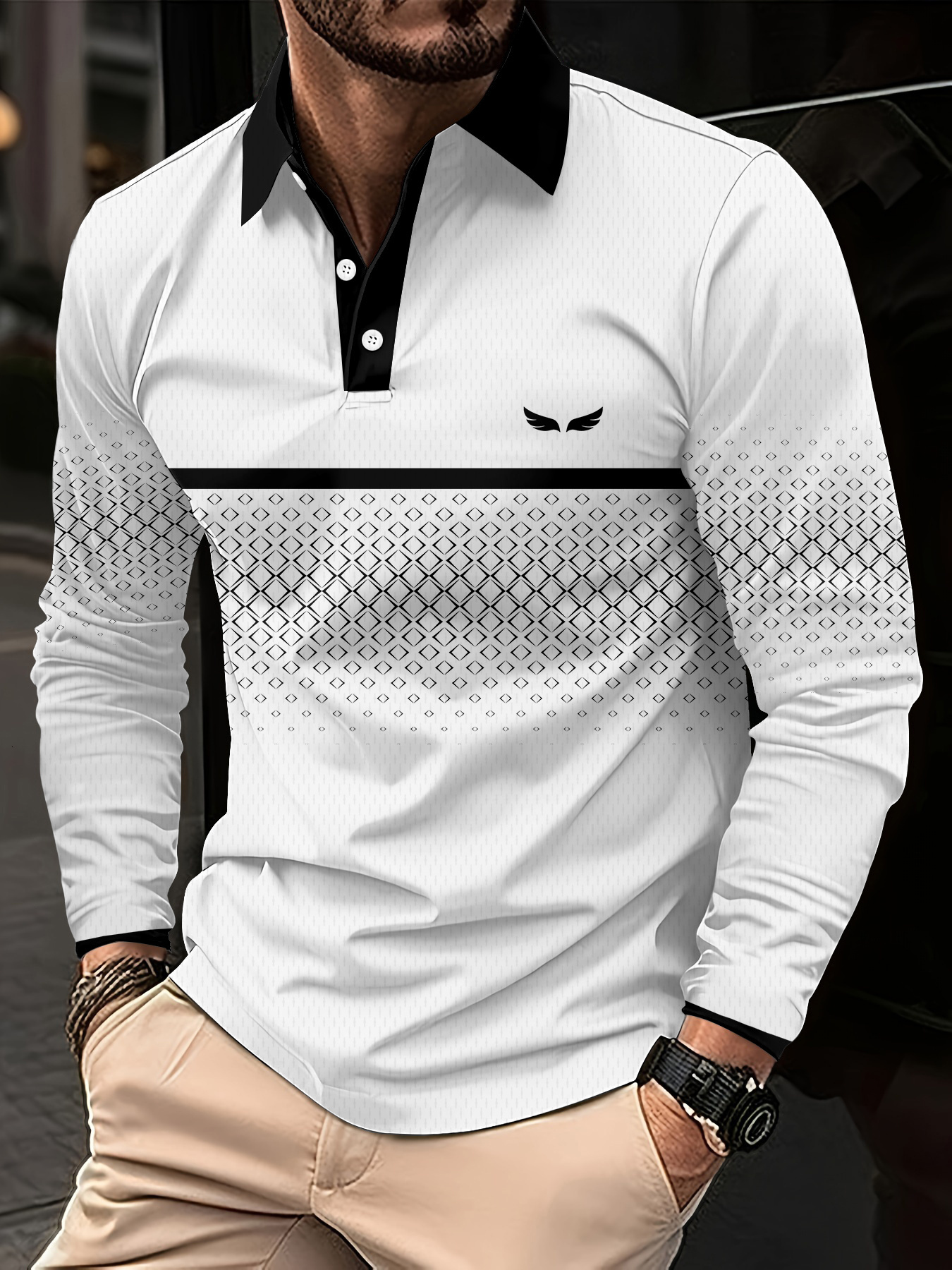 Designer Men's POLO casual 3D printed golf striped design with seagull pattern sporty style men's long sleeve shirt b9
