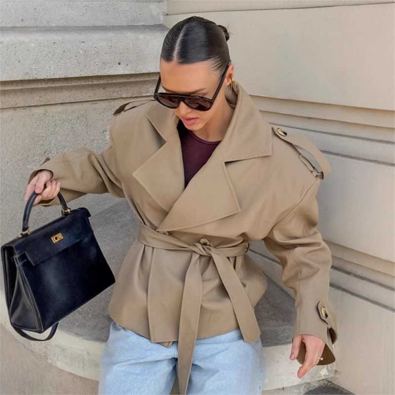 Windbreaker Vintage Solid Slim Women's Turn-down Collar Long Sleeve Lace Up Waist Cinching Jackets New Chic Lady Locomotive Tops D260909