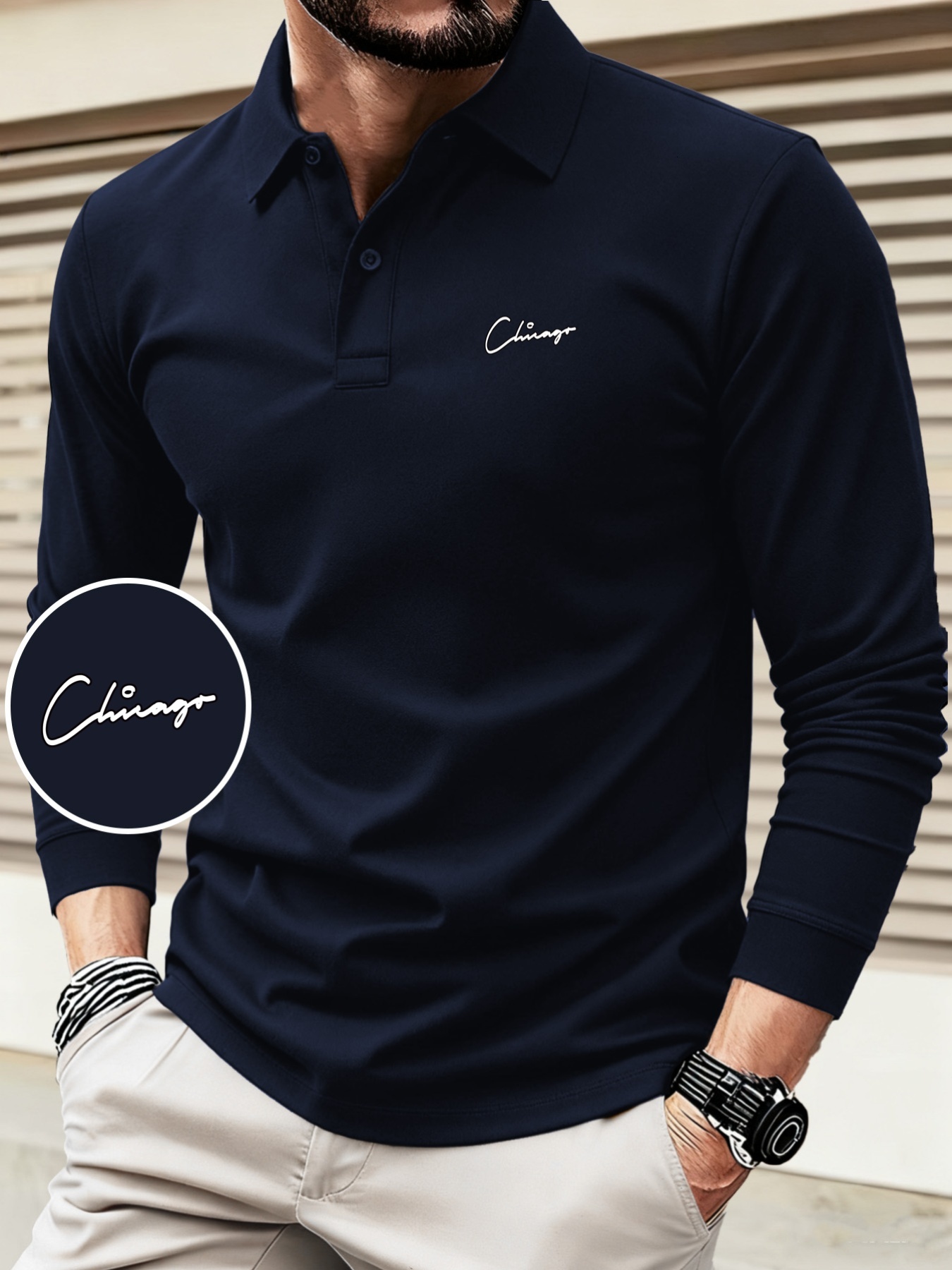 Designer Simple stylish patterned print 2026 autumn/winter new long sleeve polo shirt featuring color block design and a high quality feel 15