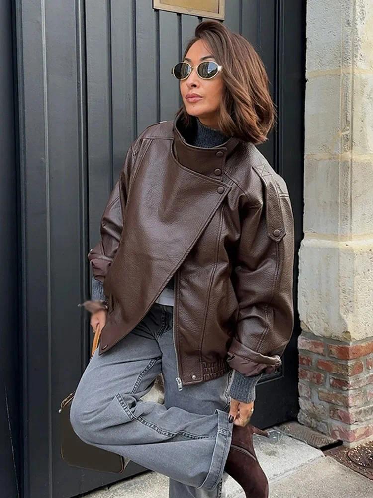 Women's Leather Asymmetrical PU Jackets Autumn Winter Female Chic Long Sleeved Lady Casual Polit Jacket Thicken Outwear 53