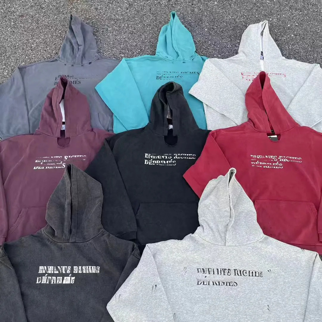 Vintage Washed Distressed Hoodie Loose Drop Shoulder Letter Print Hooded Sweatshirt Streetwear Pullover For Men Women