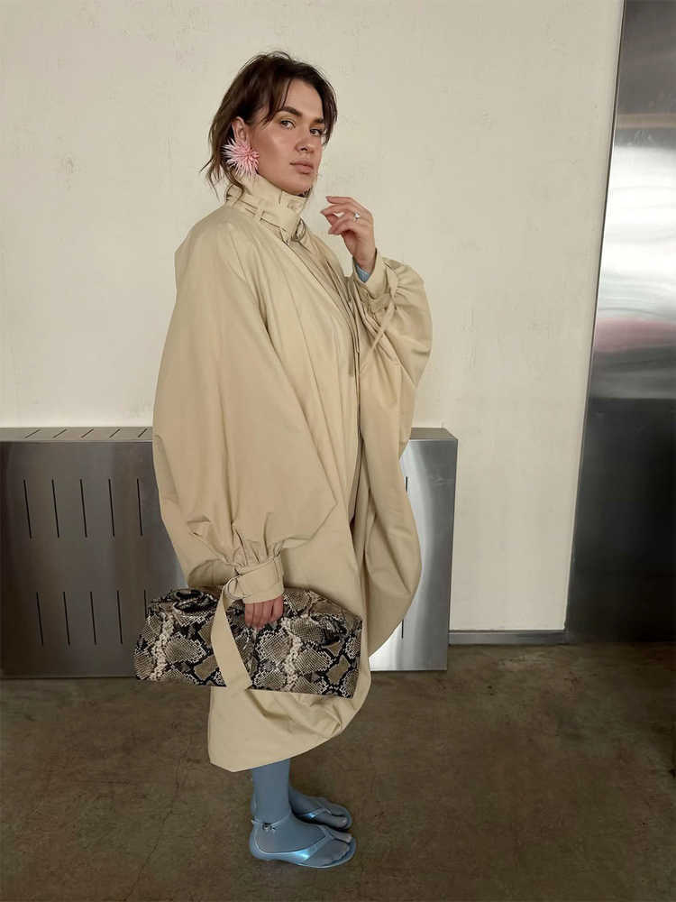 Length Women Solid Loose Mid Trench Coat Stand Collar Single Button Half Placket Batwing Long Sleeve Autumn Fashion Wear D260909