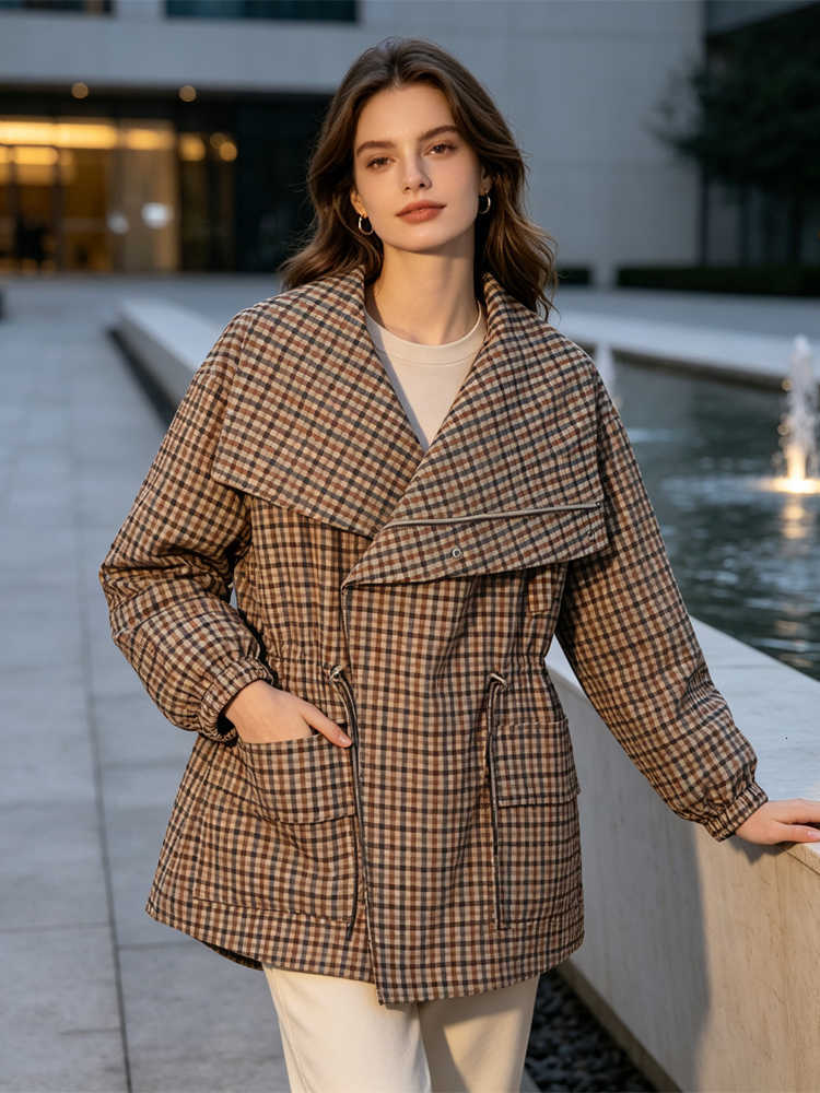 collar women's trench coat Checkered long sleeved waist elegant chic 2026 autumn new fashion office daily wear D260909