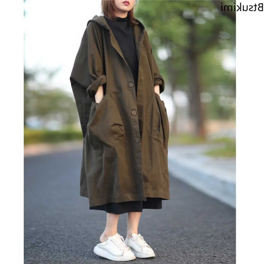 Fashion Korean Style Hooded 2026 for Women Loose Casual Big Pockets Trench Coats Ladies Mid-length Oversized D260909