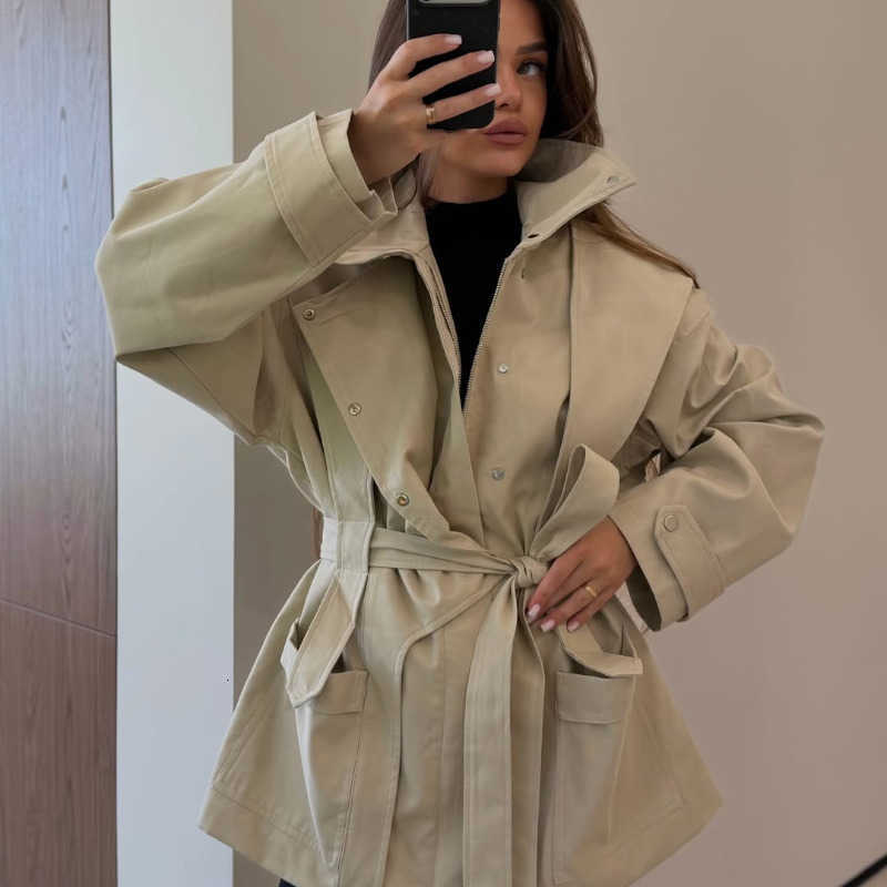 Stand Women Coat Short Trench Collar Zip Snap Button Belted Waist Loose Patch Pockets Windproof Outerwear Autumn Ladies D260909
