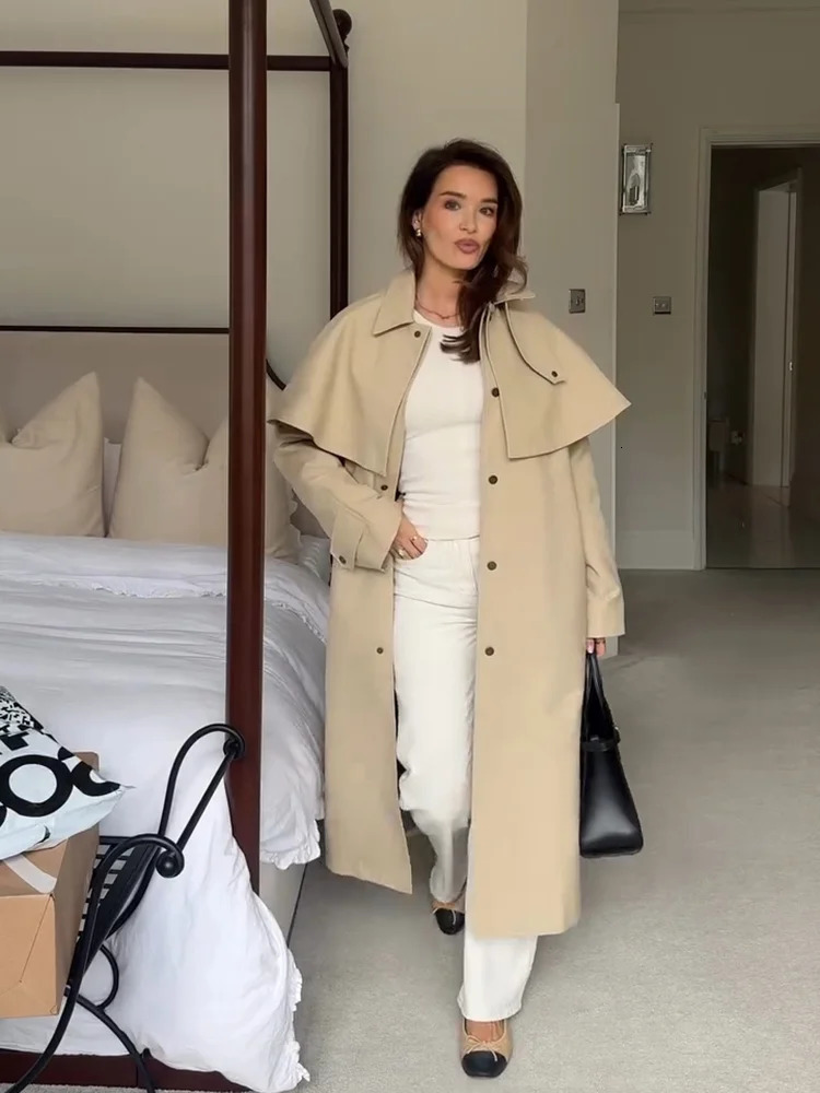 Cape Shawl Women's Trench Coat Turn Down Collar Single Breasted Windbreaker Jacket Long Casual Street Autumn Daily Outerwears 260909