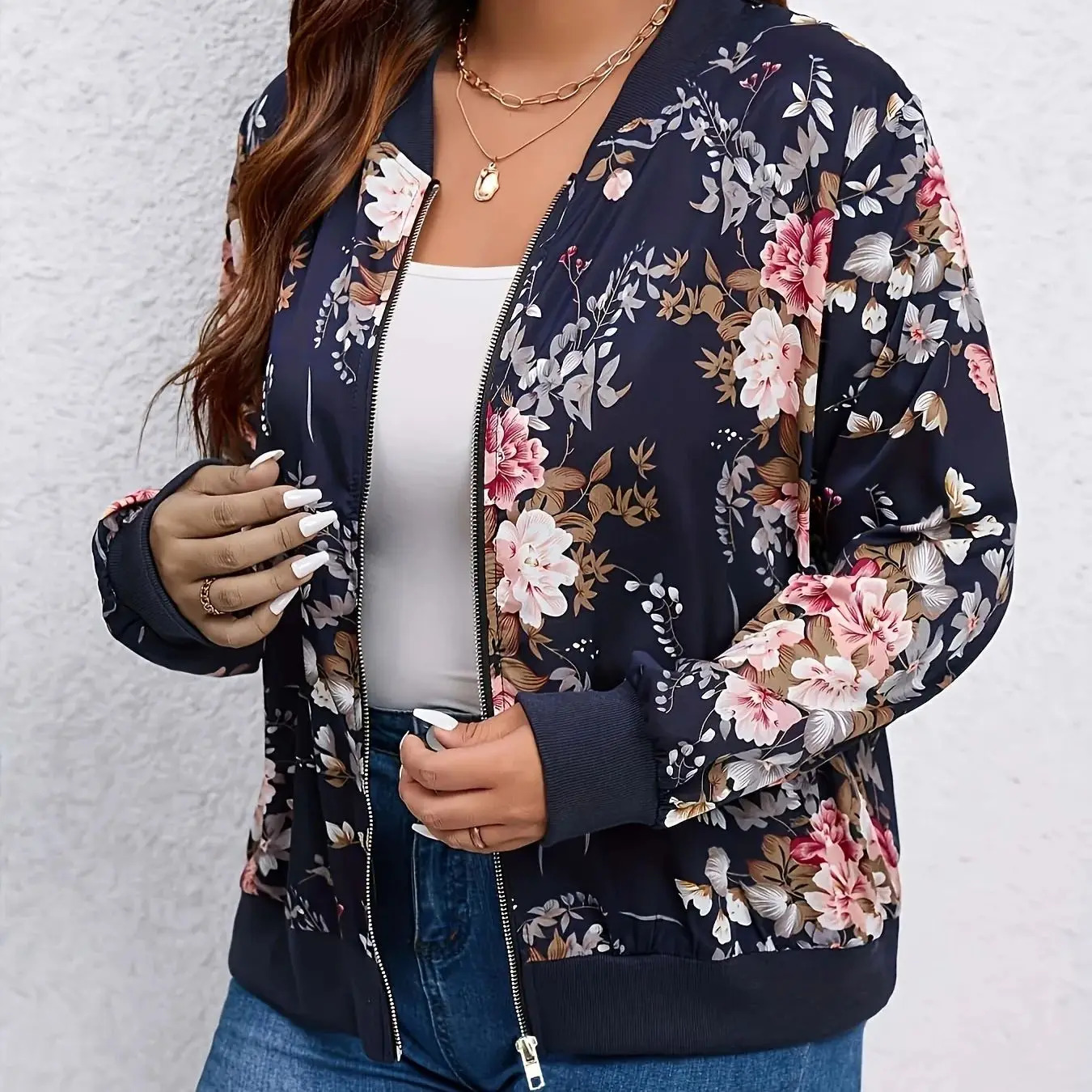 Plus-size floral print baseball collar jacket 260909