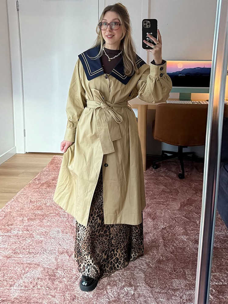Trench Vintage Women's Coat Long Lace-up Navy Sailor Collar Belt Chic Maxi Outerwear Loose Fit Demi-season Casual Outfit D260909