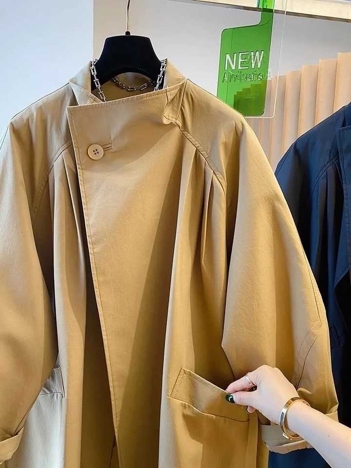 Collar High Up End Stand Outwear 2025 Spring Plus Size Women's Casual Loose Mid Long Windbreaker Lining Khaki Black Top D260909