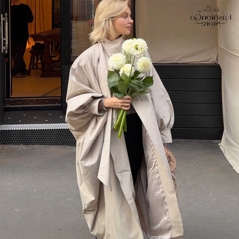 Neck Khaki Tie Stand Collar Balloon Sleeve Oversized Coats Minimalist Long Sleeve Ruched Cuff Outerwear 2026 Autumn Chic Jackets D260909