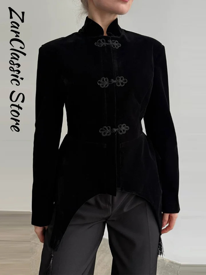 Vintage Velvet Tassel Jacket Women Black Stand Neck Frog Button Irregular Hem Blazer Jackets Lady Elegant Office Outwear 260909