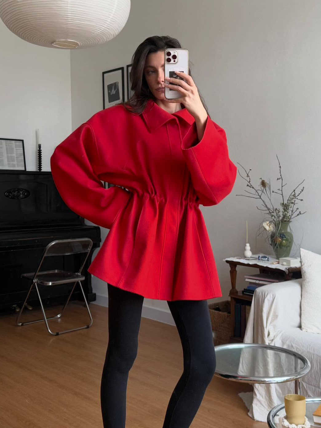 Cinched Lapel Waist Fashion Red Short Woolen Coat Chic Loose Button Long Sleeved Women's Casual Autumn Daily Wear 2026 D260909
