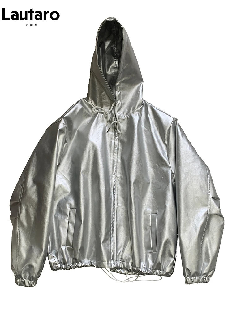 Mauroicardi Autumn Oversized Waterproof Silver Faux Leather Jacket Men with Drawstring Hood Zipper Loose Casual Korean Fashion 260902