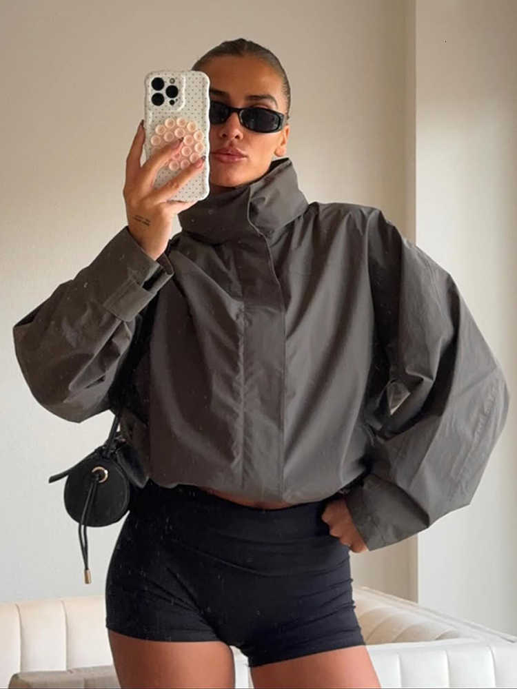 Nylon Oversized Collar Solid Stand Long Sleeve Zip Front 2026 Spring Daily Casual Women Outerwear Chic Office Lady Coat D260909