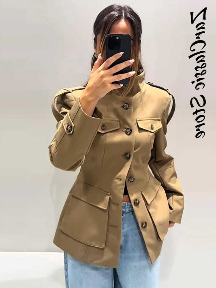 Collar Vintage Women's Khaki Stand Jackets Slim Waist Single Breasted Pockets Long Sleeve Coats 2025 Autumn Lady Commute Outwear D260909