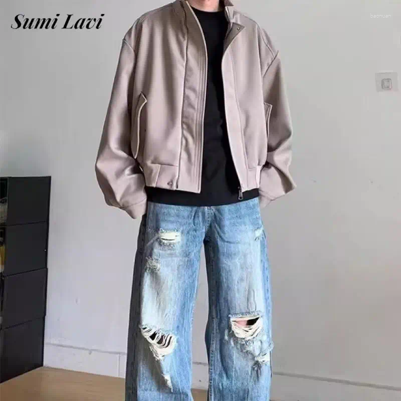Men's Jackets Korean Style Autumn Long Sleeve Coats Mens Vintage Zip up Stand Collar Solid Color Outerwear Casual Cropped Loose bb