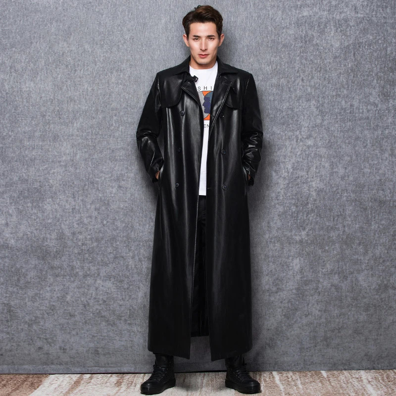 LautaroLong Black Leather Trench Coat for Men Long Sleeve Double Breasted Plus Size PU Men's Clothing 6XL 7XL 260902