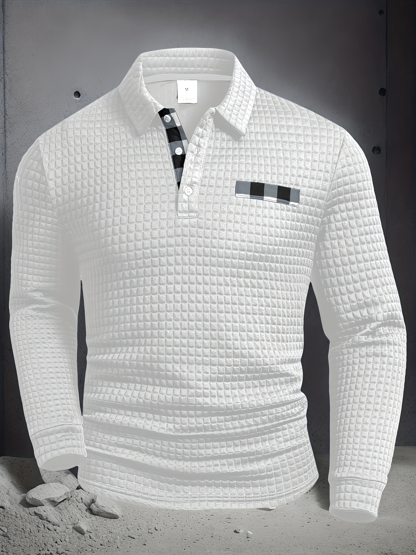Designer Men's plus size polo shirt long sleeved top textured fabric non positioned plaid patch pocket design on the chest suitable for everyda