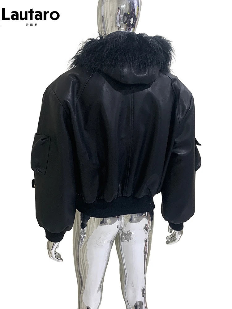 Mauroicardi Autumn Winter Short Oversized Black Warm Pu Leather Jacket Men with Faux Fur Trim Hood Loose Casual Korean Fashion 260902