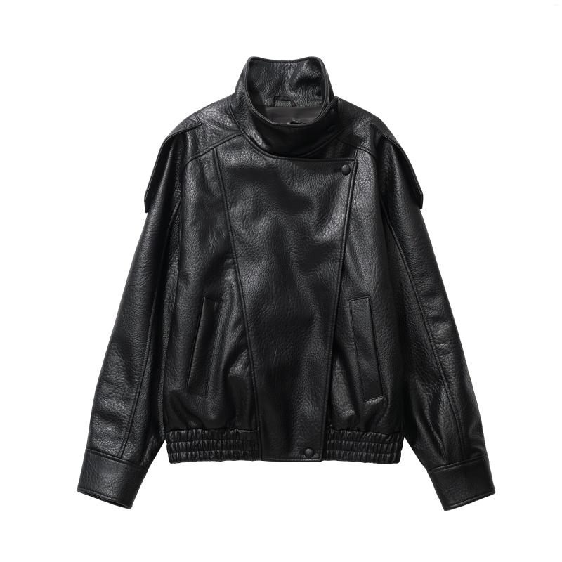 Women's Leather Original Chic Black Faux Jackets Women Long Sleeve Buttons Elastic Oversized Coats Fashion 2026 Autumn Winter Streetwear 44