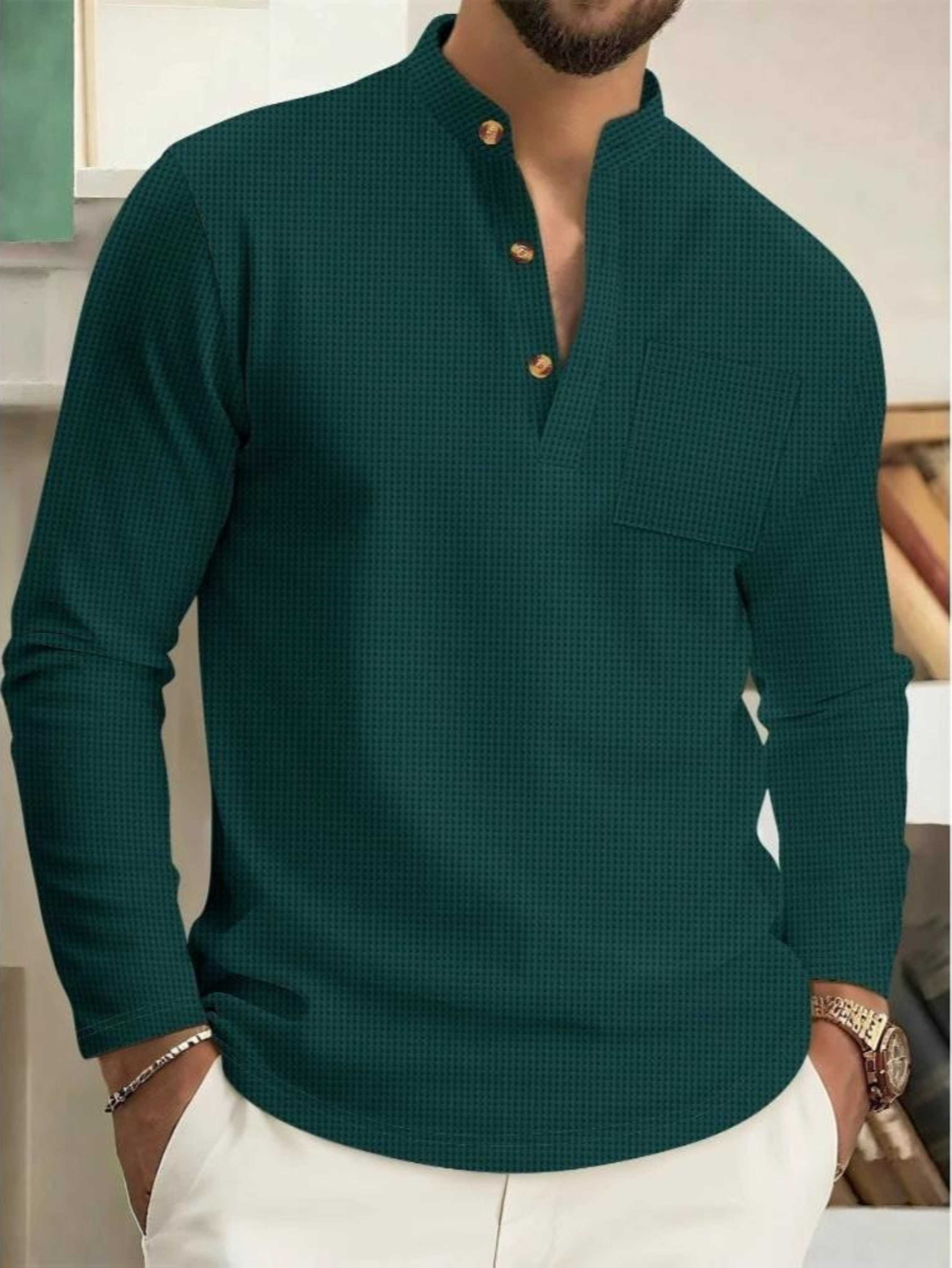 Designer 2026 Spring and Autumn Men's New Waffle Knit Solid Color Stand Collar Pocket Placket Button Long Sleeve Polo Shirt cd