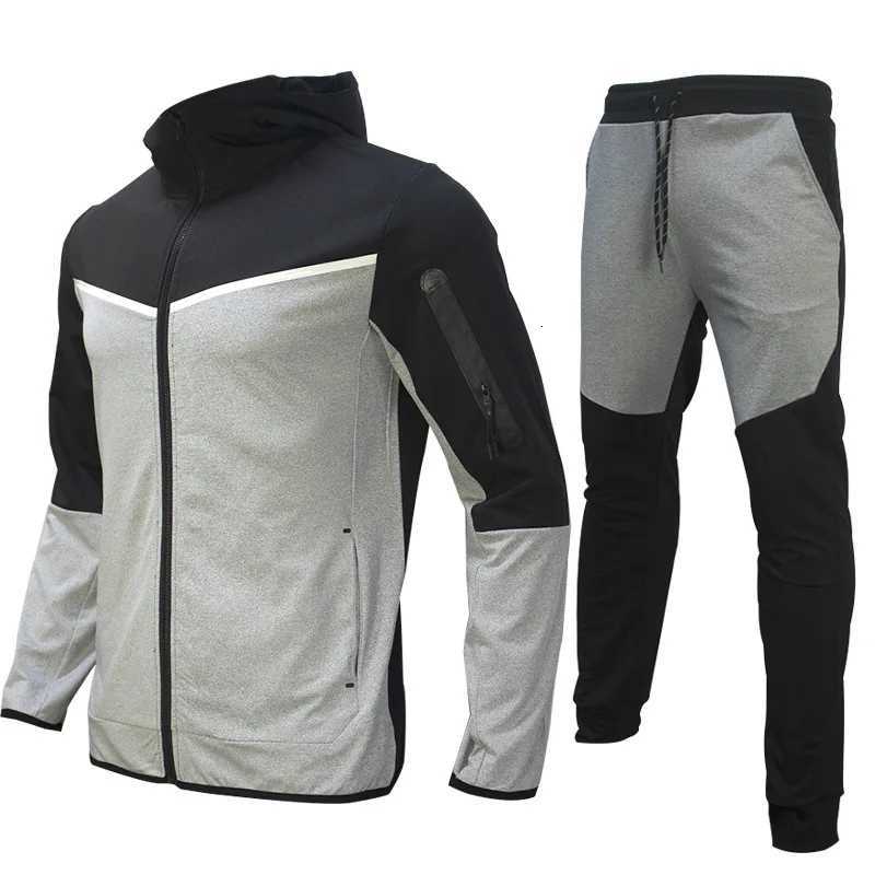 Set GELITAYIN Men's Autumn-Winter Full With Hood Sports Jacket Sweatshirt Long Sleeves Pants Color-blocked Open Cardigan TightHC260909