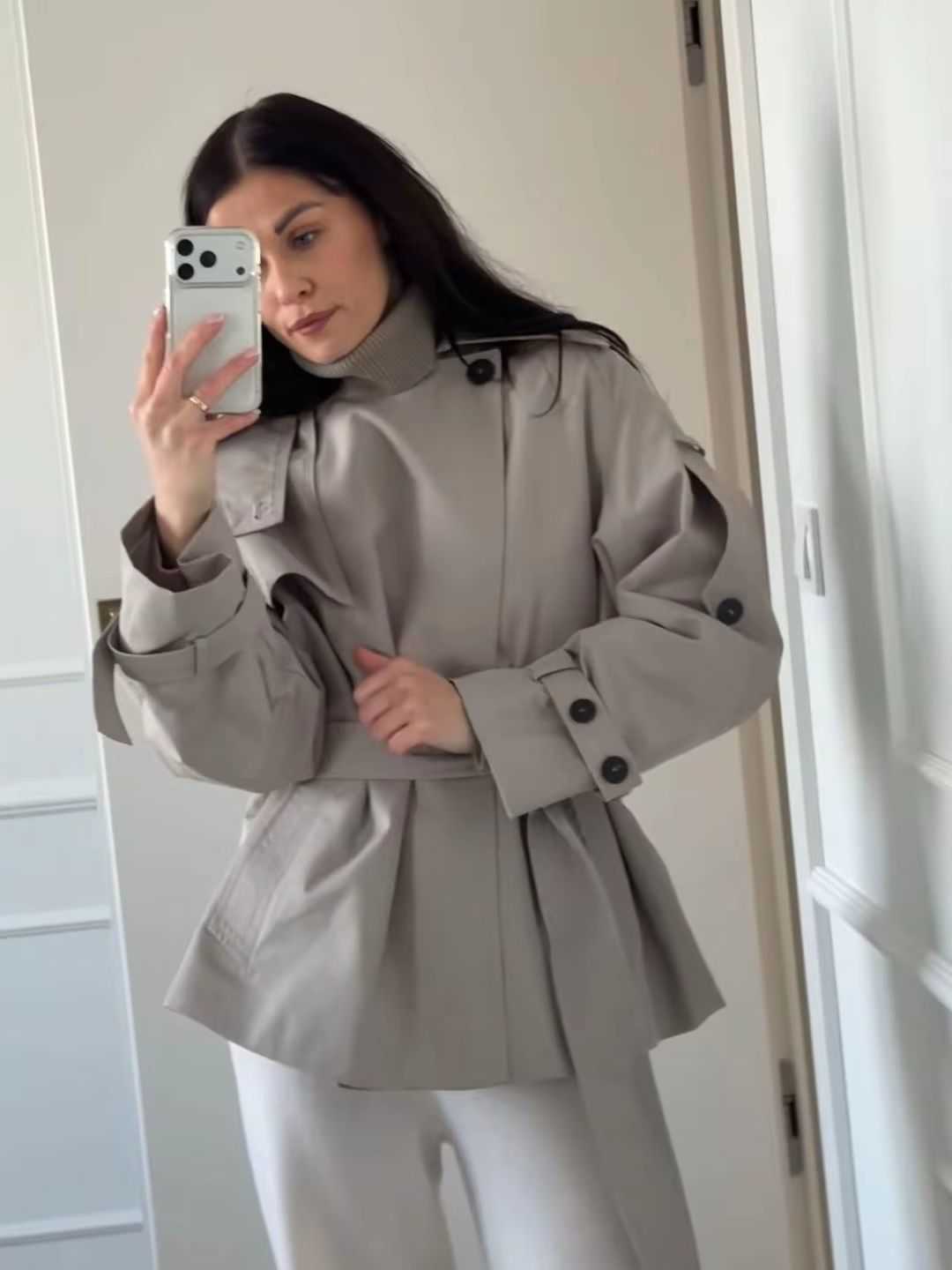 Cropped Women's Spring Coat Trench Windbreaker V-Neck Top Double-Breasted Waist Outerwear Belt Casual Wear Woman Clothes D260909