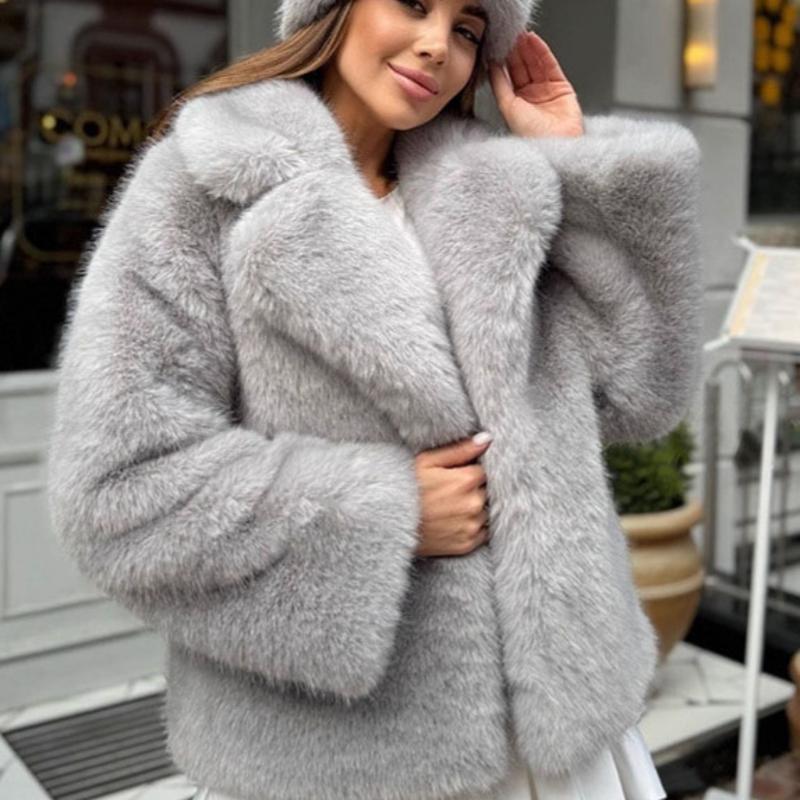 Veste en fausse fourrure pour femmes, coupe ample, large revers ouvert sur le devant, manches longues, mi-longue, chaude, mode, vêtements d'extér