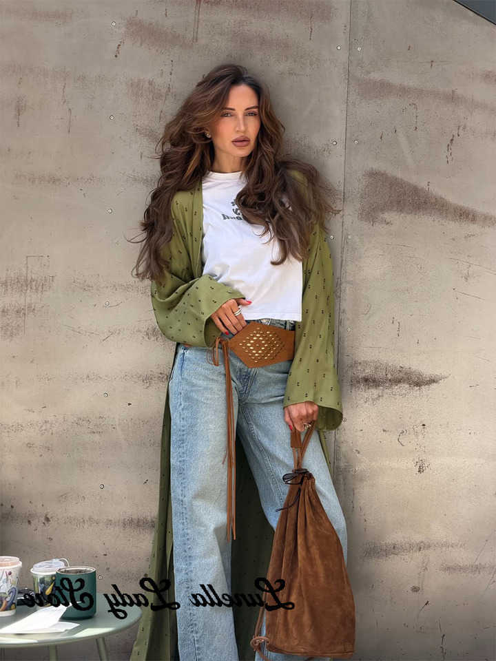 Fashion Printed Long Cardigan Women Elegant Green Long Sleeve Loose Split Coat Spring Autumn Lady Daily Street Outerwear D260909