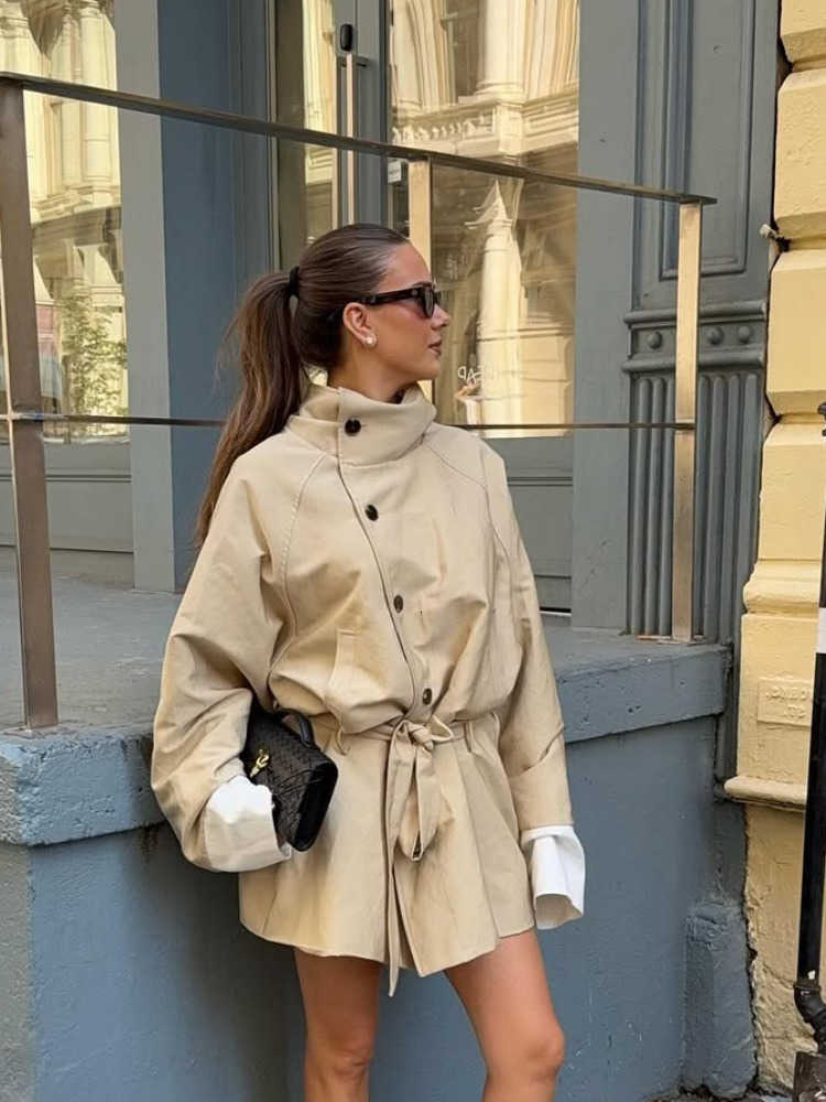 Women's Collar Khaki Trench Standing Coat Long Sleeved Single Breasted Comfortable Coat 2026 Autumn New Item Daily Street Wear D260909