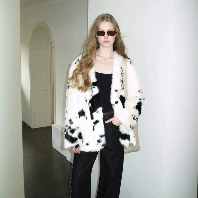 Women's Fur Fashionable Cow Print Faux Coat V Neck Single Breasted Loose Style Jacket Women Eco friendly Classic And Elegant Top 30