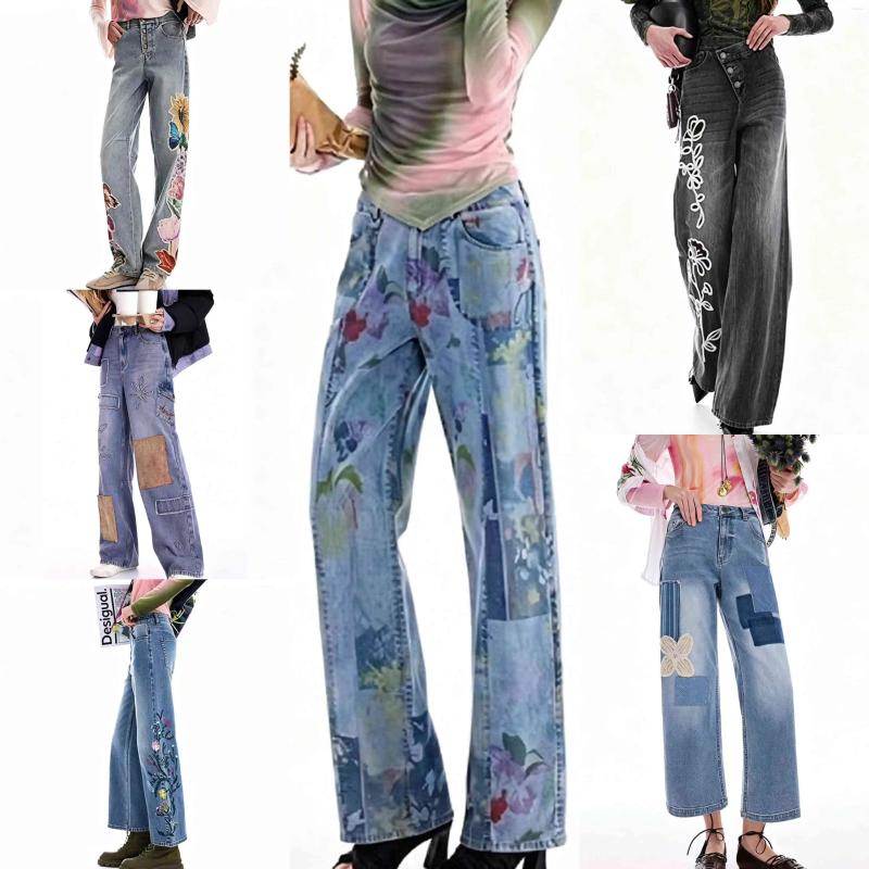 Jeans da donna spagnoli con fiori ricamati patchwork Pantaloni larghi a gamba larga 72