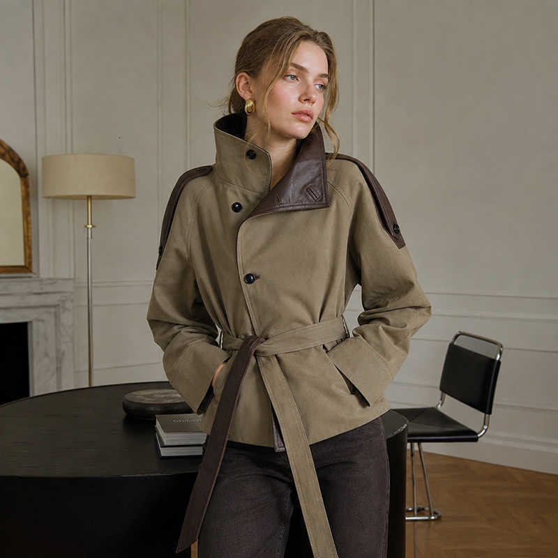 Coat Trench Women Faux Cropped Leather Spliced Epaulets Belted Waist Loose Fit Khaki Short Vintage 2026 Ladies Outerwear D260909