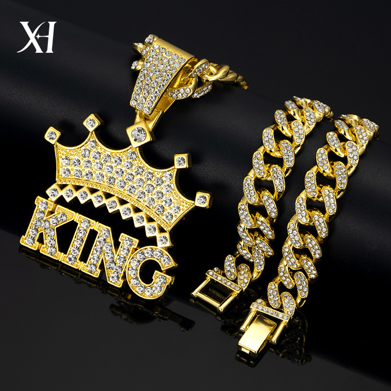 New KING Crown Pendant 925 Silver Full Diamond Cuban Chain European and American Hip-Hop Style Necklace Personality Trendy Men's Jewelry