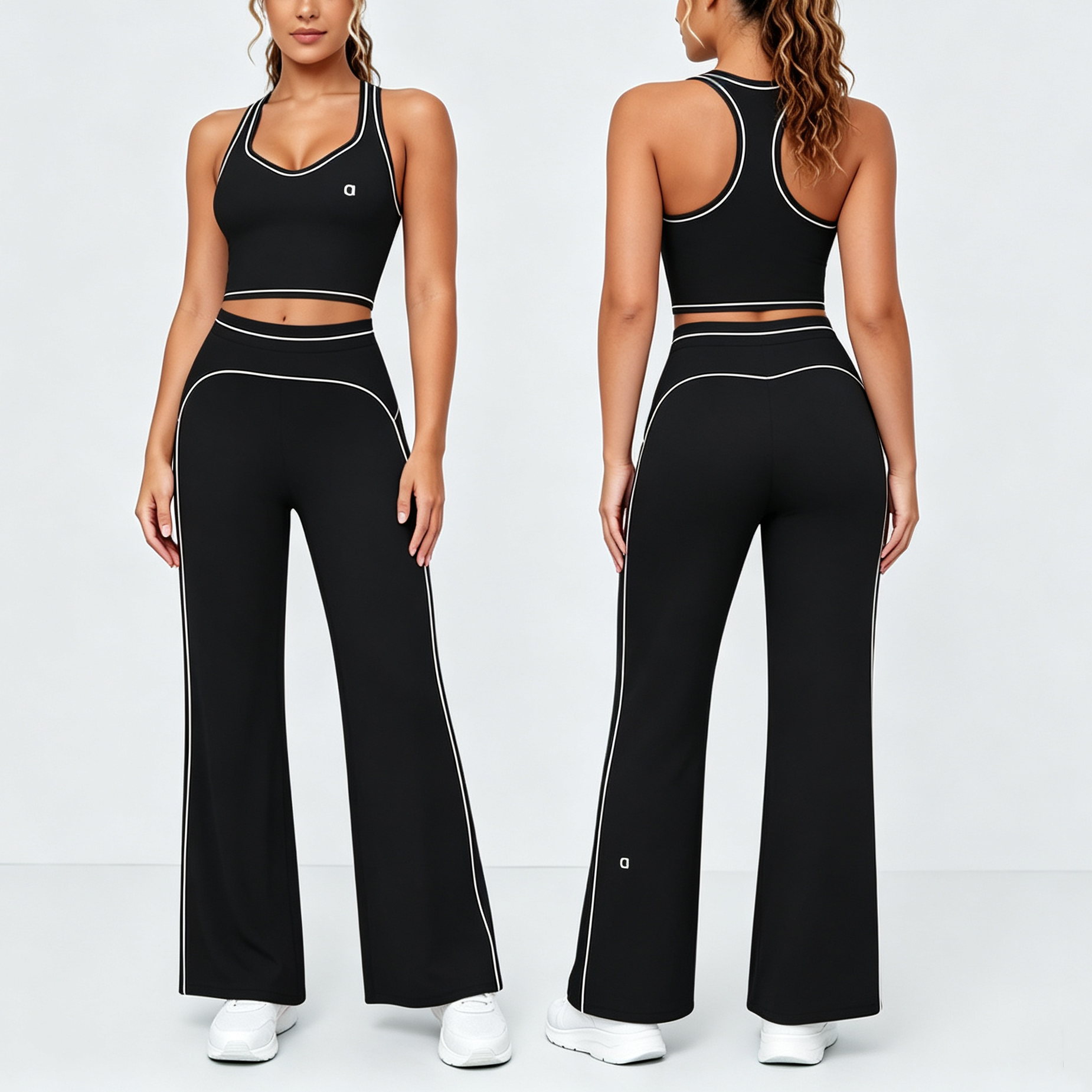 Women's brushed wide-leg sports trousers with folded waistband loose-fit figure-flattering suitable for outdoor running