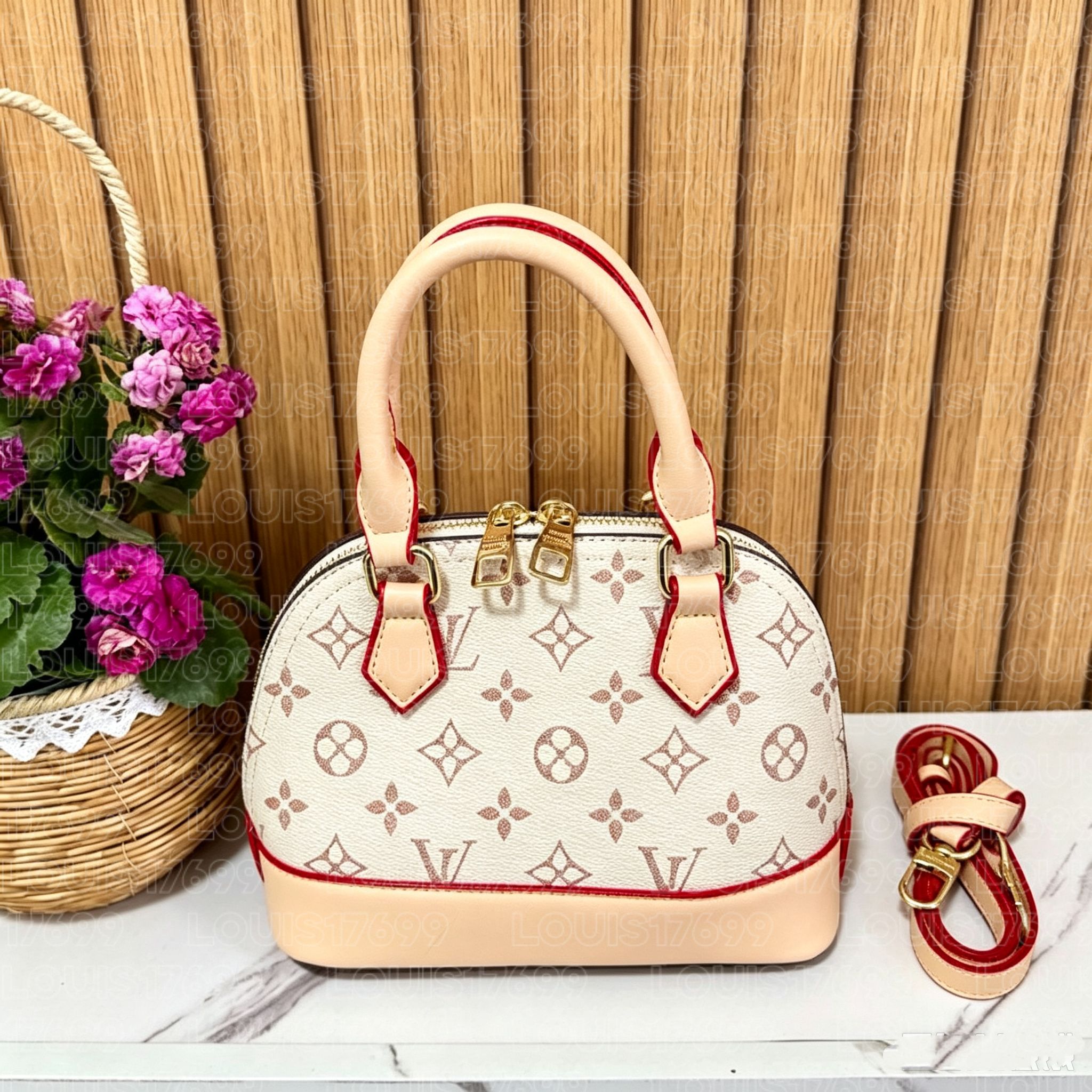 Luxury designer Women Vintage Monogram Shell Handbag Top Handle Dome Satchel Purse Detachable Leather Crossbody Strap Retro Print Small Shoulder Bag