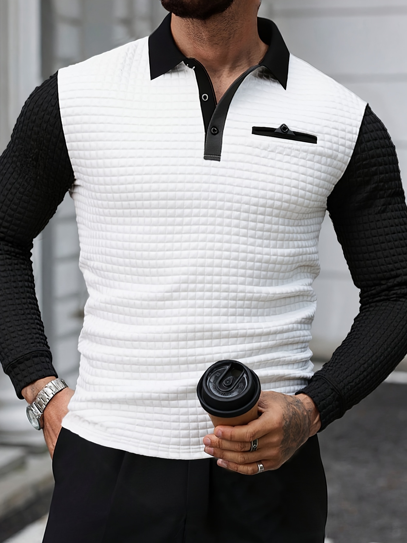 Designer Suitable for daily work wear waffle pattern jacquard textured fabric men's long sleeve polo shirt color blocking design c5