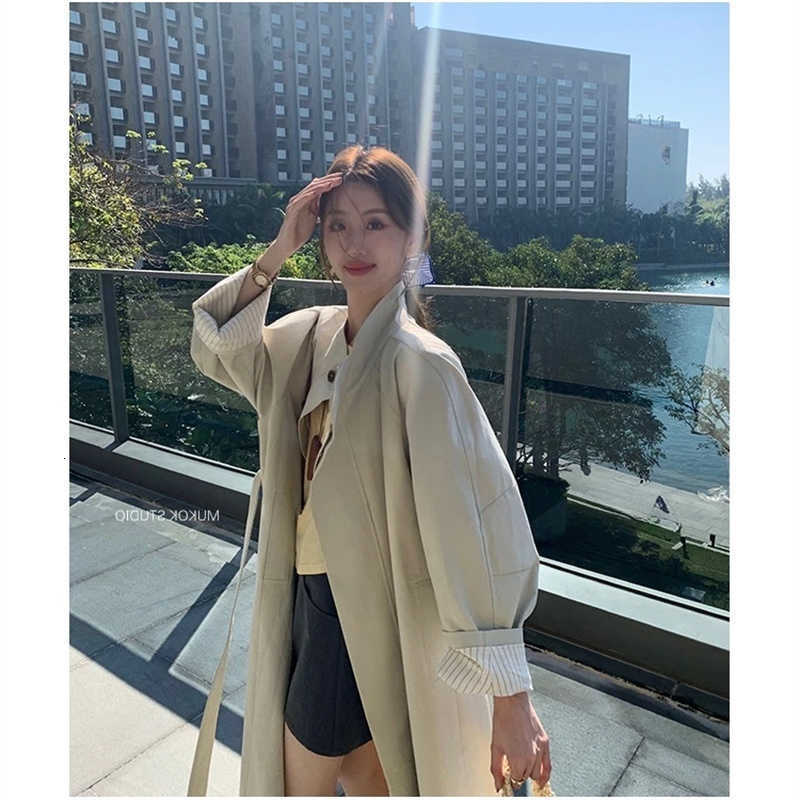 Autumn Collar 2026 New Stand-Up Long Trench Coat British Korean Loose Temperament Lazy Coat Ladies Dark Grey D260909