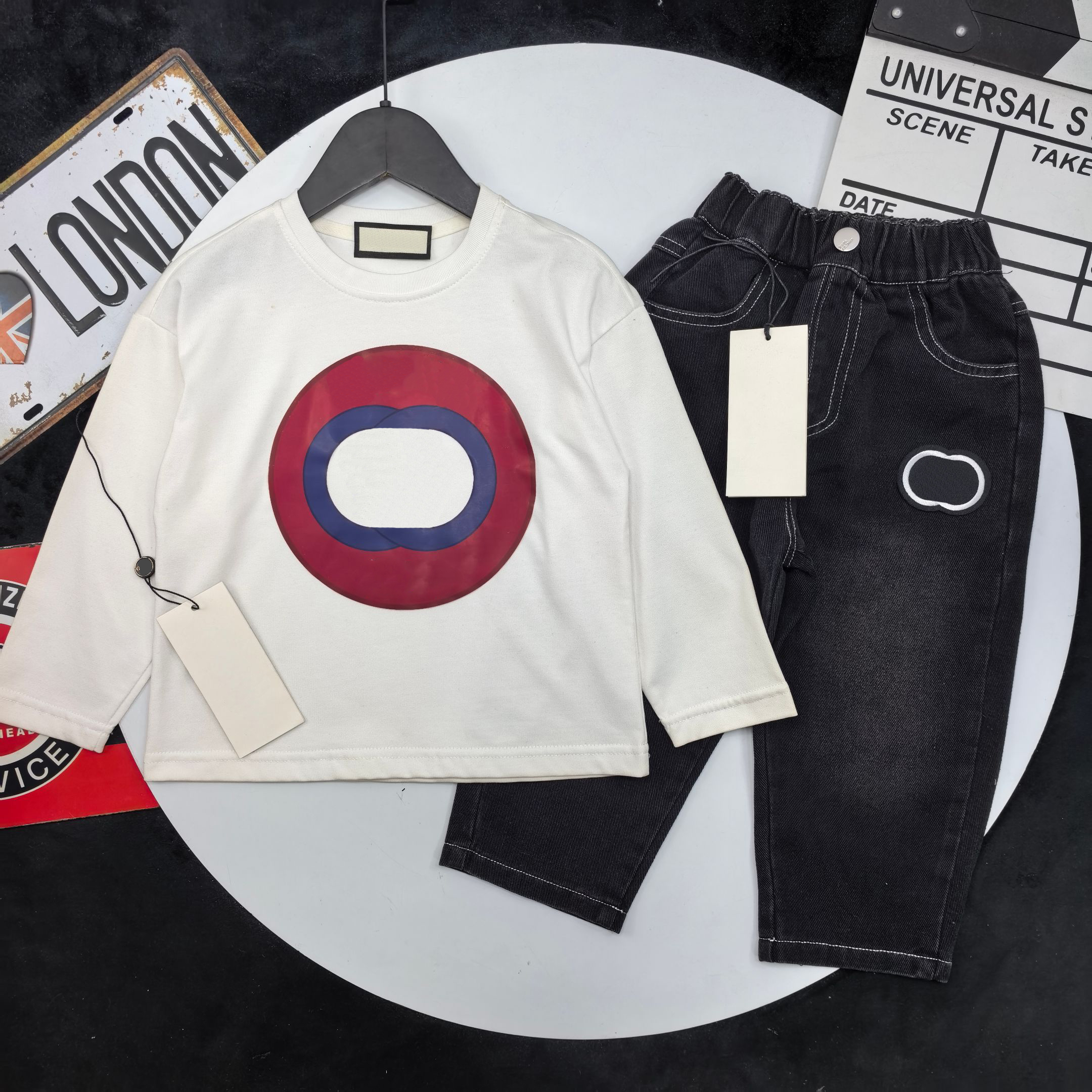 Boys Designer Clothes Kids 2Pcs Outfit Set Long Sleeve T Shirt + Jeans Toddler White Top Black Denim Pants Children Casual Clothing Suit Size 80-150