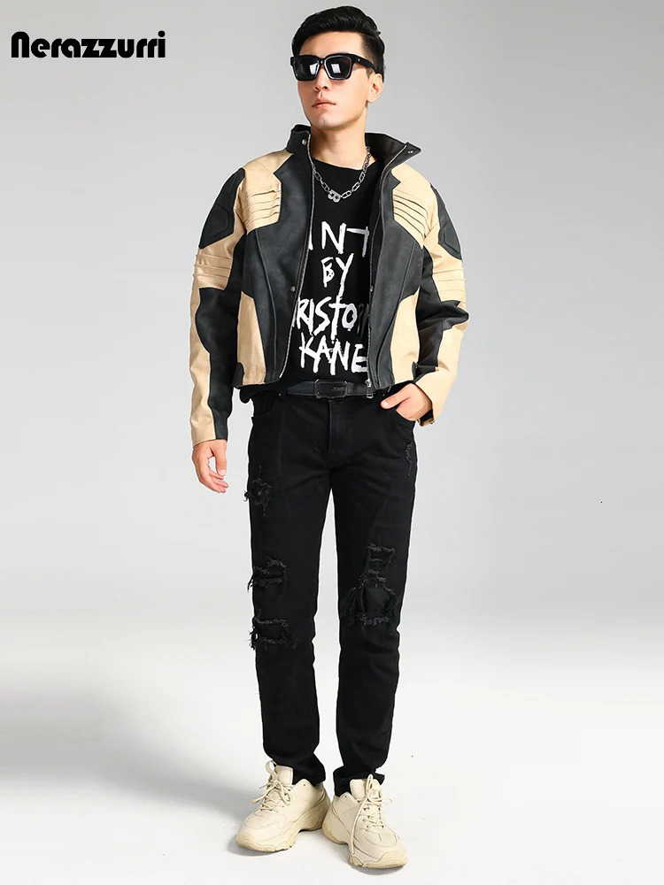 Nerazzurri Autumn Cool Short Hard Patchwork Pu Leather Racer Jacket Men Zipper y ner Clothes Runway European Fashion 260902