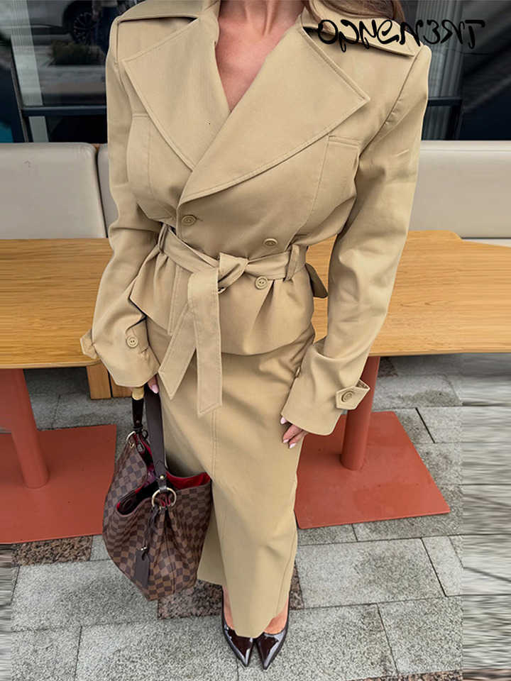 Lapel Sets Women's Long Skirt Sleeve Lace Up Cropped Jackets With Long Straight Skirts Autumn Office Lady Solid Slim Outfits New D260909
