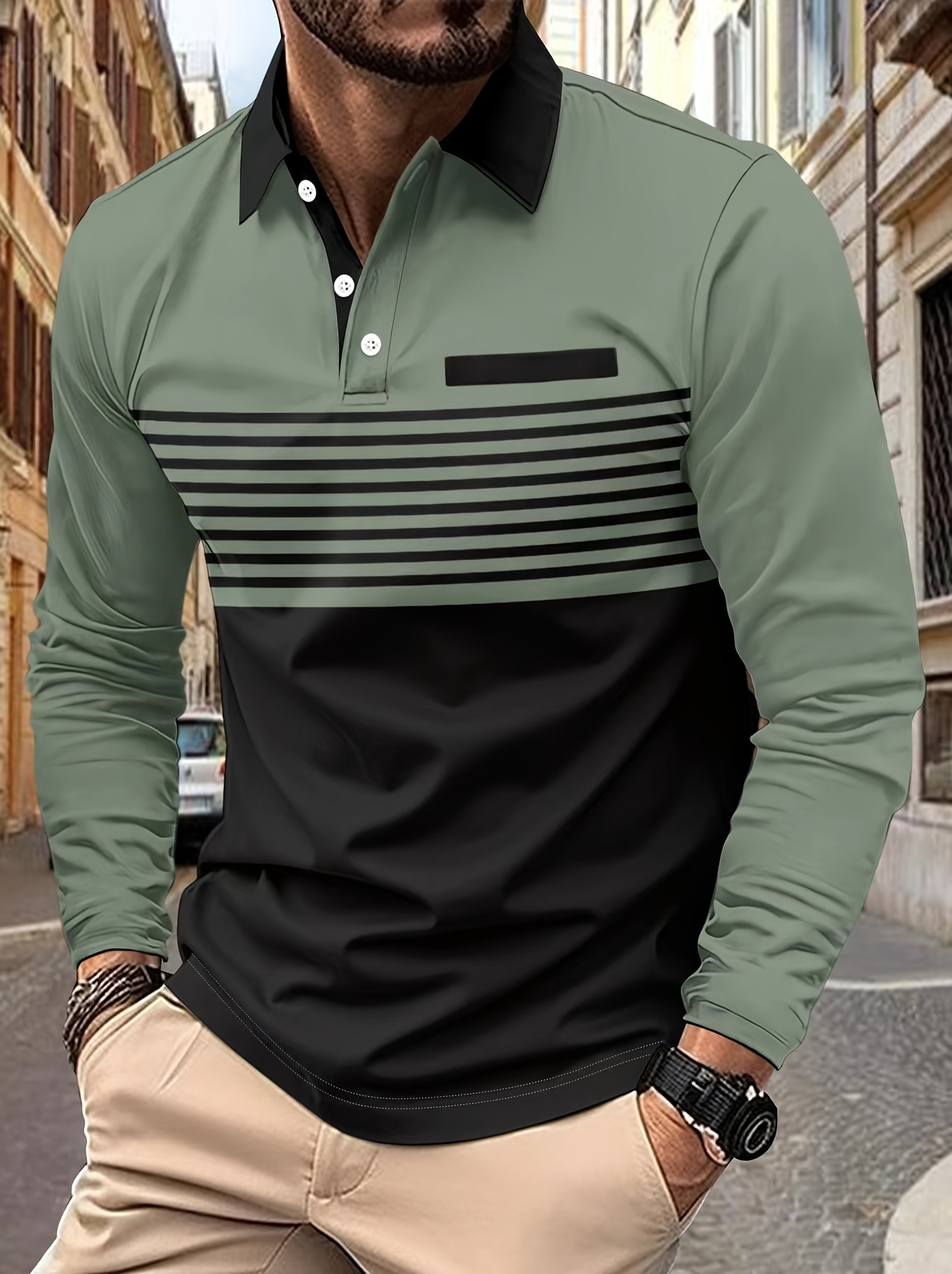 Designer Men's long sleeve quarter button striped polo shirt suitable for golf in spring and autumn b9