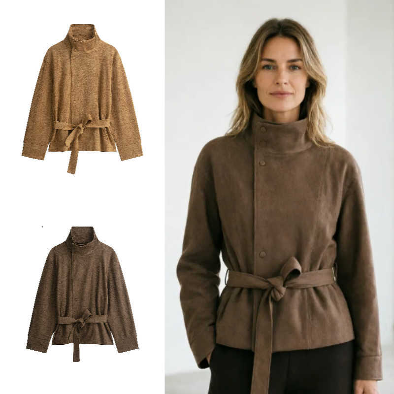 2026 Women's Suede Autumn New Fashion Stand Collar Long Sleeve Button Belted Street Style Trench Coat D260909