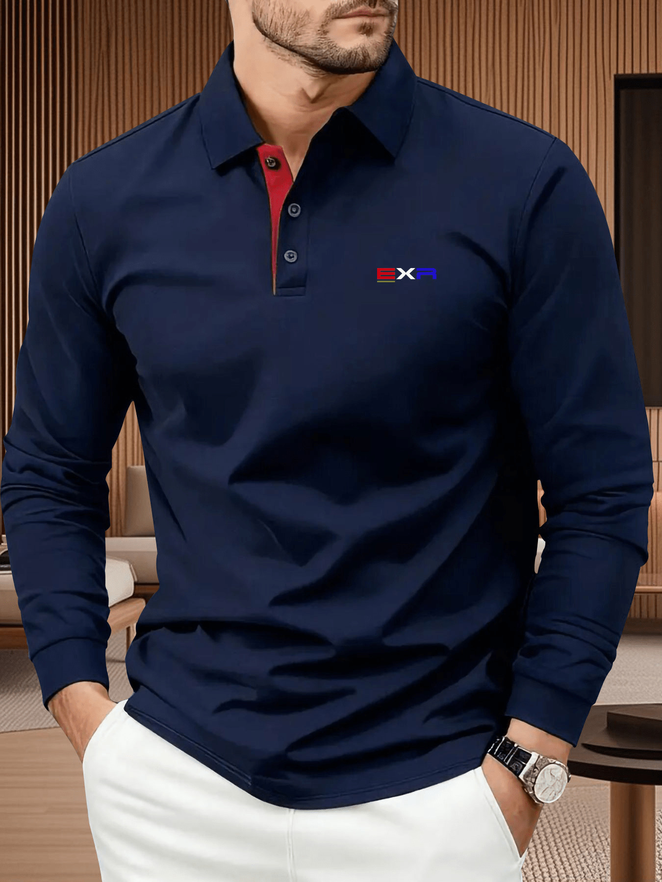 Designer Men's premium long sleeve polo shirt featuring stylish letter print design This comfortable and fashionable piece offers a sporty bc