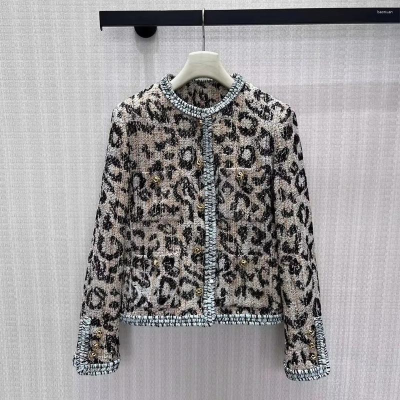 Women's Wool Vintage Wild Leopard Pattern Tweed Woven Jacket Women Fall Winter Edge Crochet O-neck Gold Buttons Long Sleeve Chic Coat