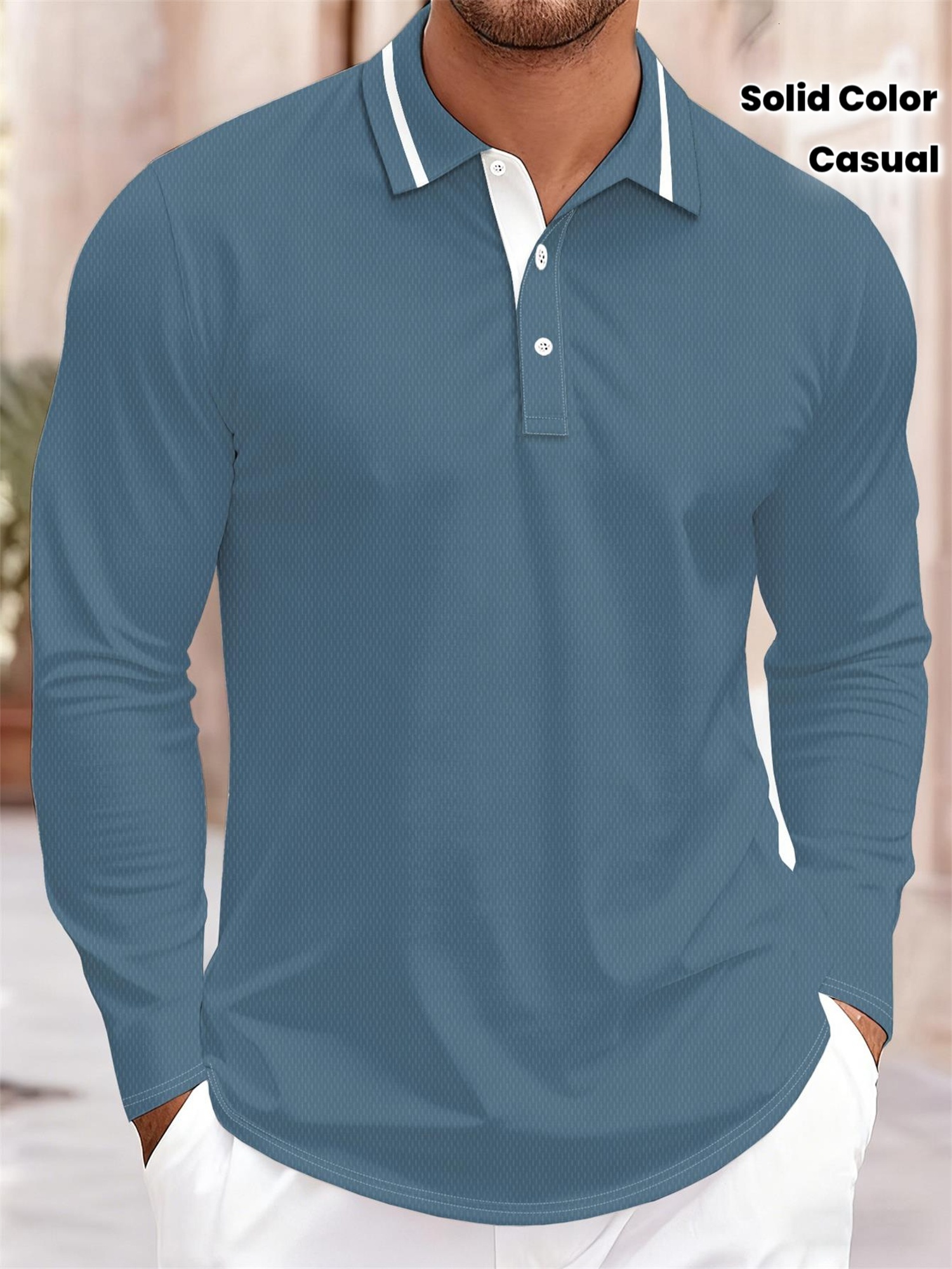 Designer Men's Long Sleeve Polo Shirt Teal Solid Color Block Collar Suitable for Daily Wear Office Work Business Casual Golf 79