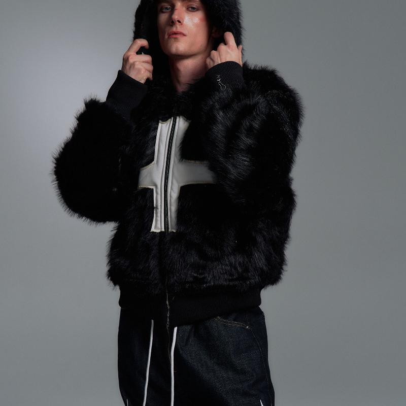 Designer High Quality Winter Hooded Faux Fur Coat Zip Up Loose Fit Warm Jacket Black Korean Streetwear Youth Fashion Outerwear